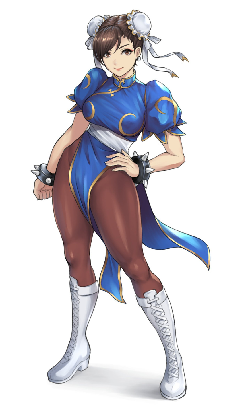 1girl boots bracelet brown_eyes brown_hair brown_legwear bun_cover china_dress chinese_clothes chun-li double_bun dress highres jewelry looking_at_viewer nyatokanyaru pantyhose pelvic_curtain puffy_short_sleeves puffy_sleeves short_sleeves simple_background solo spiked_bracelet spikes street_fighter street_fighter_ii_(series) white_background white_footwear