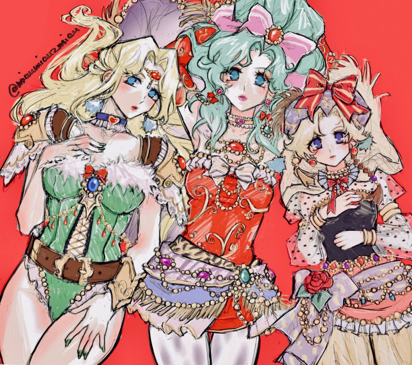 3girls animal_print arms_up belt beret blonde_hair blue_eyes bow breasts brown_belt celes_chere choker circlet collarbone cross-laced_clothes earrings eyelashes eyeshadow final_fantasy final_fantasy_vi fingernails flower frilled_choker frills fur-trimmed_leotard fur_trim gem green_leotard green_nails hair_bow hair_intakes hand_on_own_chest hand_on_own_thigh hat hat_bow heart heart_choker highres jewelry juliet_sleeves leaf leotard light_green_hair long_hair long_sleeves makeup medium_breasts multiple_girls nail_polish pantyhose parted_lips pink_bow pink_lips polka_dot polka_dot_sleeves poririna puffy_sleeves purple_choker purple_headwear red_background red_eyeshadow red_flower red_ribbon red_rose relm_arrowny ribbon rose see-through see-through_sleeves short_hair striped striped_bow thigh_gap thighs tiger_print tina_branford twitter_username violet_eyes yellow_choker