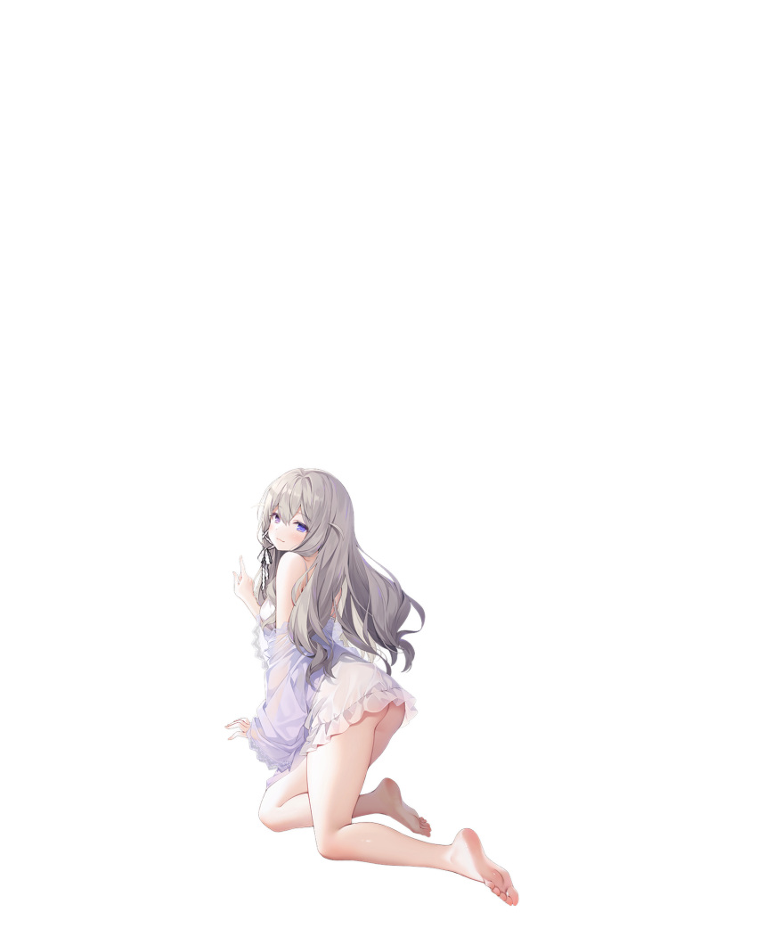 1girl ass azur_lane bare_legs barefoot blue_eyes blush book book_stack byulzzi closed_mouth couch eyebrows_visible_through_hair feet flower full_body hair_brush heterochromia highres long_hair looking_at_viewer looking_back manjuu_(azur_lane) mirror murmansk_(azur_lane) murmansk_(sceneries_of_pure_snow)_(azur_lane) nightgown no_panties official_alternate_costume official_art pillow platinum_blonde_hair see-through smile soles solo stack transparent_background uniform violet_eyes white_nightgown window