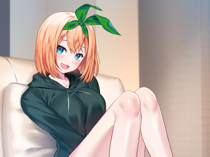 1girl :d bangs blue_eyes blush bob_cut breasts commentary couch drawstring go-toubun_no_hanayome green_ribbon hair_between_eyes hair_ribbon hair_strand highres hood hood_down hoodie knees_up kuroyui_penguin large_breasts long_sleeves looking_at_viewer nakano_yotsuba on_couch open_mouth orange_hair pillow ribbon short_hair sitting smile solo v_arms