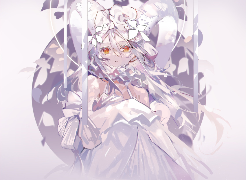 1girl bare_shoulders closed_mouth collar commentary_request commission curled_horns disconnected_mouth dot_nose dress floating_hair flower frilled_collar frills hair_between_eyes hair_flower hair_ornament halter_dress halterneck horns long_hair looking_at_viewer mamenomoto off-shoulder_dress off_shoulder original pixiv_request red_eyes sheep_horns sleeves_past_fingers sleeves_past_wrists solo upper_body white_dress white_flower white_hair white_horns white_theme