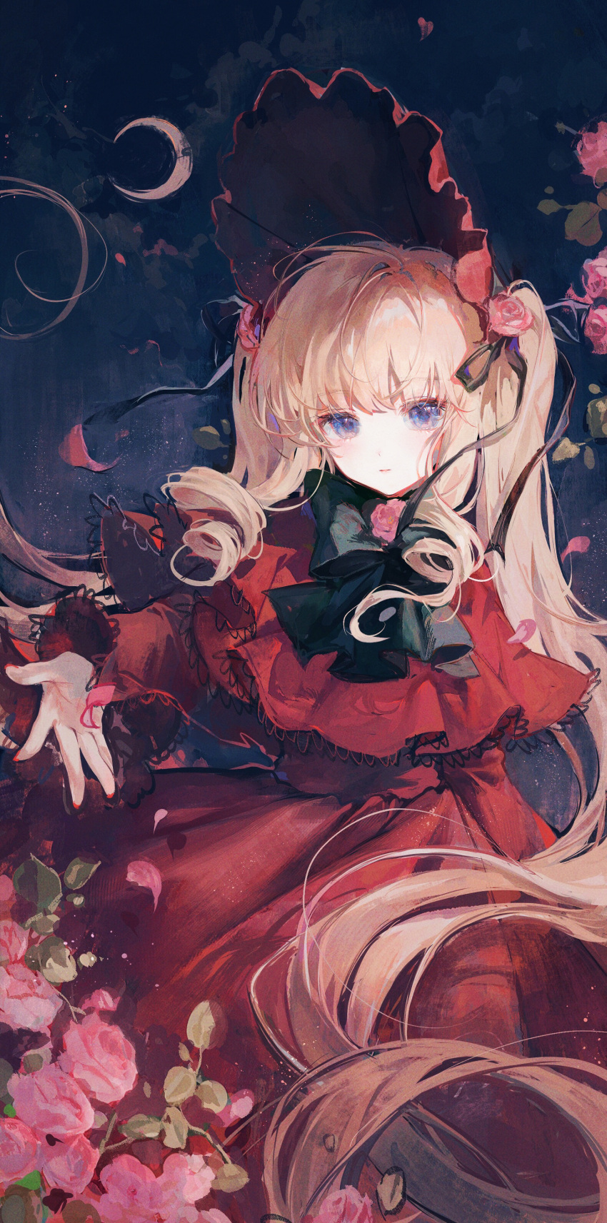 1girl absurdres bangs black_bow black_neckwear blonde_hair blunt_bangs bonnet bow bowtie capelet cowboy_shot dress drill_hair drill_locks eyebrows_visible_through_hair flower hair_flower hair_ornament highres light_blush light_smile loli lolita_fashion long_hair looking_at_viewer maccha_(mochancc) night night_sky parted_lips pink_flower pink_rose red_capelet red_dress rose rozen_maiden shinku sidelocks sky solo twintails very_long_hair