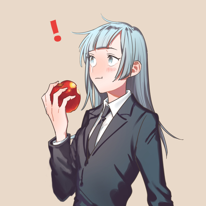 ! 1girl :t apple black_jacket black_neckwear black_suit blush breasts brown_background closed_mouth collared_shirt commentary dress_shirt eating food formal fruit highres holding holding_food holding_fruit jacket jujutsu_kaisen light_blue_eyes light_blue_hair long_hair long_sleeves looking_up miwa_kasumi necktie shirt simple_background small_breasts solo straight_hair tachibanakimi upper_body white_shirt wing_collar