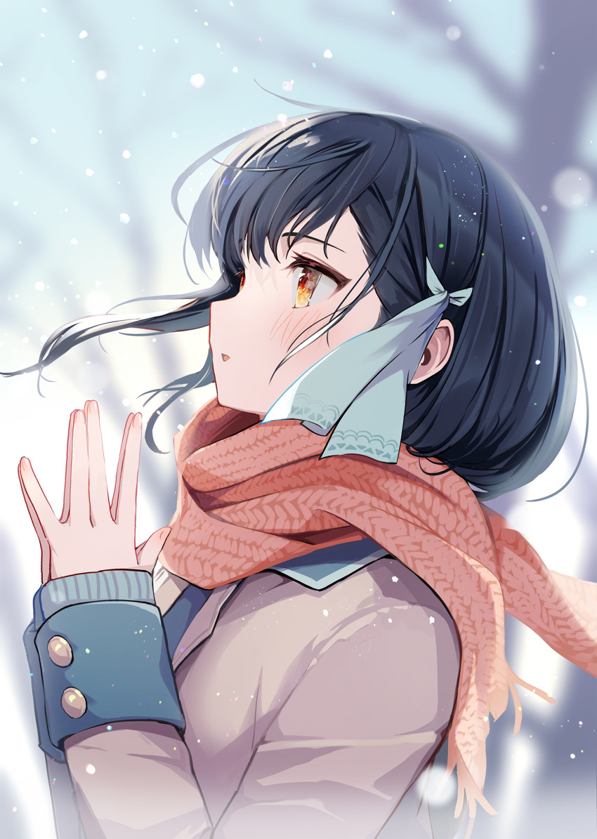 1girl bangs black_hair blue_ribbon blush brown_coat coat copyright_request from_side hair_ribbon hands_together hands_up highres kagawa_ichigo long_sleeves medium_hair official_art orange_eyes orange_scarf outdoors parted_lips ribbon scarf smile snow solo upper_body winter