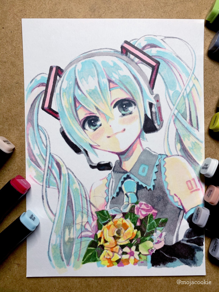 1girl aqua_eyes aqua_hair aqua_neckwear collared_shirt detached_sleeves flower grey_shirt hatsune_miku headphones highres leaf long_hair looking_at_viewer marker_(medium) microphone mojacookie necktie photo_(medium) purple_flower shirt simple_background smile solo traditional_media twintails twitter_username upper_body vocaloid white_background yellow_flower