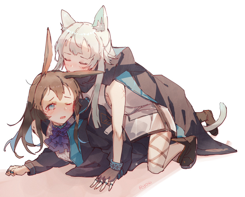 2girls amiya_(arknights) animal_ear_fluff animal_ears arknights artist_name ascot biting black_footwear black_gloves black_jacket blue_eyes blue_neckwear blush brown_hair bunny_girl cat_ears cat_girl cat_tail closed_eyes commentary dress ear_biting gloves green_hair highres infection_monitor_(arknights) interlocked_fingers jacket multiple_girls multiple_rings off_shoulder one_eye_closed open_mouth oripathy_lesion_(arknights) pinned rabbit_ears rosmontis_(arknights) ryow_(740531380) shirt single_glove tail white_background white_dress white_shirt yuri
