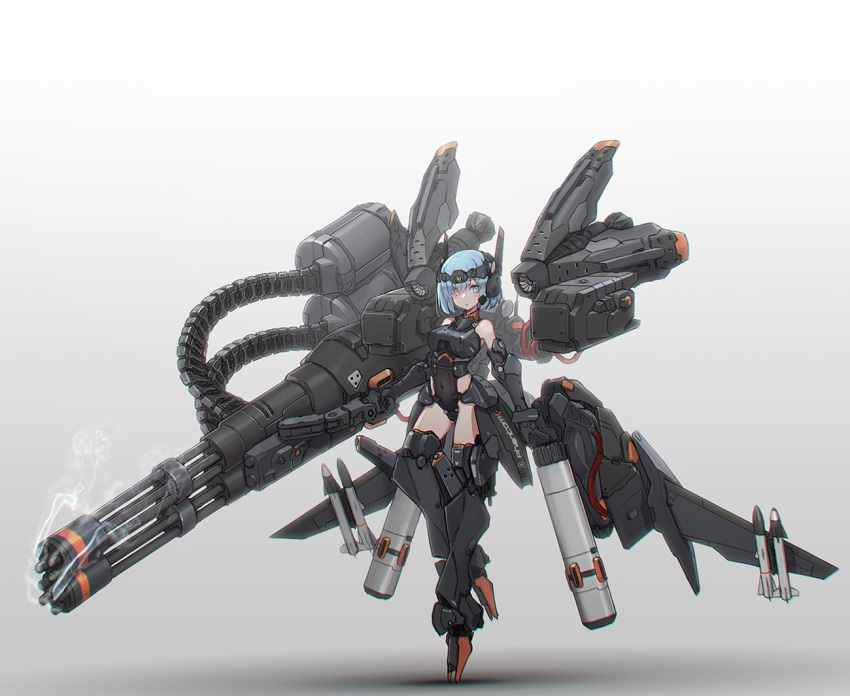1girl blue_eyes blue_hair character_request commentary_request copyright_request full_body gun holding holding_gun holding_weapon machine_gun mecha_musume missile oota_youjo rocket smoke smoking_gun solo standing weapon