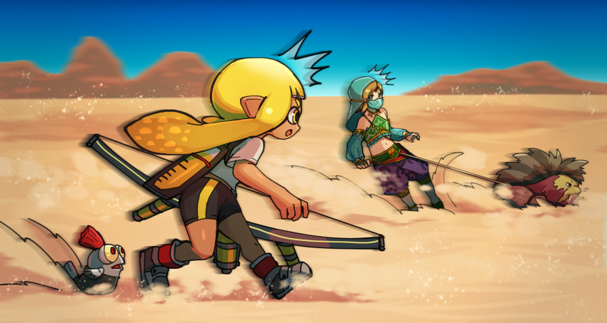 1boy 1girl ^^^ aisawa_natsu animal arabian_clothes bare_arms bare_legs bare_shoulders bike_shorts blonde_hair bow_(weapon) bridal_gauntlets bulging_eyes colored_sclera company_connection crossdressinging crossover day desert domino_mask gerudo_set_(zelda) harem_pants holding holding_bow_(weapon) holding_weapon inkling link long_hair looking_at_another mask midriff motion_blur mouth_veil open_mouth outdoors pants pointy_ears pulling running salmonid sand sand_seal_(zelda) shirt shoes short_sleeves sliding smallfry_(splatoon) splatoon_(series) splatoon_3 stomach surprised tan tentacle_hair the_legend_of_zelda the_legend_of_zelda:_breath_of_the_wild veil weapon yellow_eyes yellow_sclera