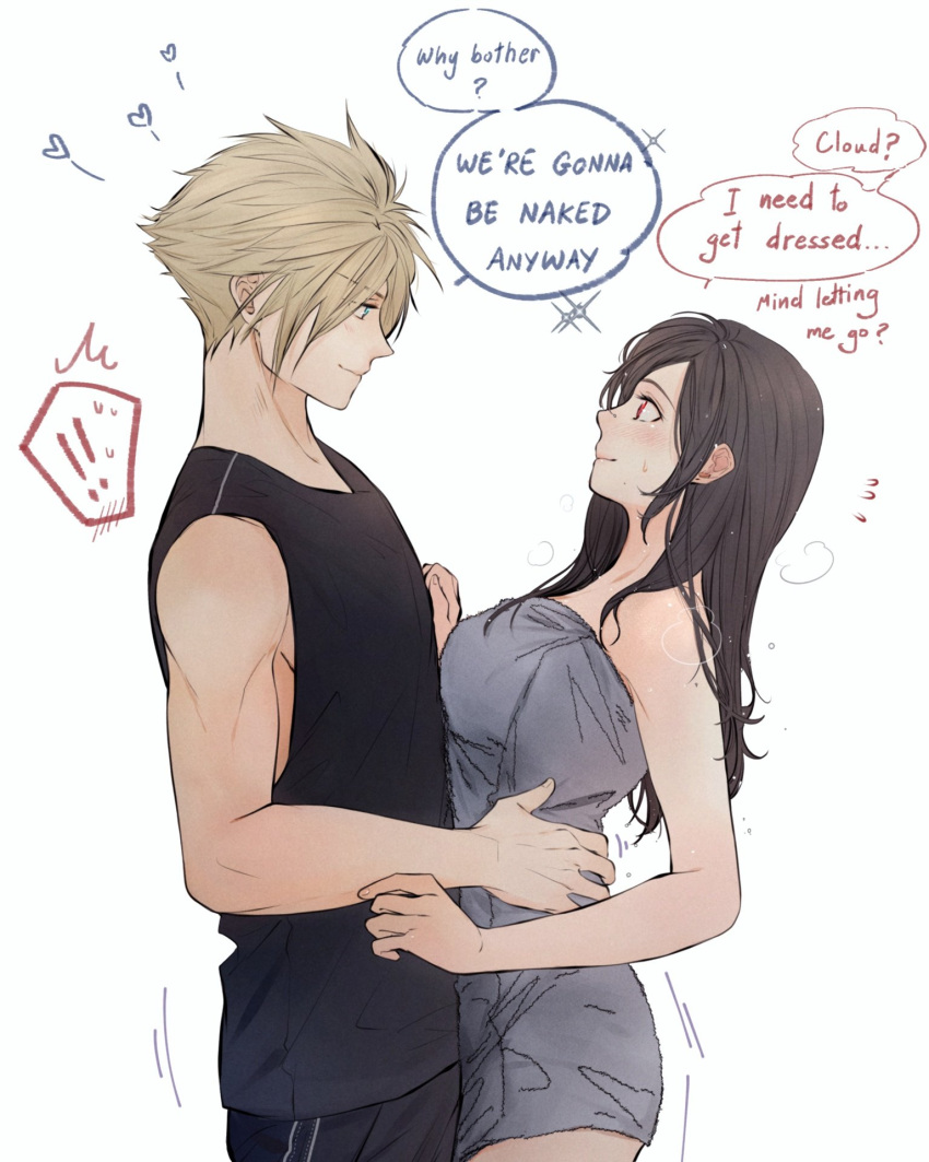 ! !! 1boy 1girl bare_arms bare_shoulders black_hair black_pants black_shirt blonde_hair blue_eyes blush closed_mouth cloud_strife couple cowboy_shot english_text eye_contact final_fantasy final_fantasy_vii from_side height_difference hetero highres hug khaw_(cloudstdontcare) long_hair looking_at_another naked_towel pants profile shirt short_hair shorts simple_background sleeveless smile speech_bubble symbol_commentary tifa_lockhart towel white_background