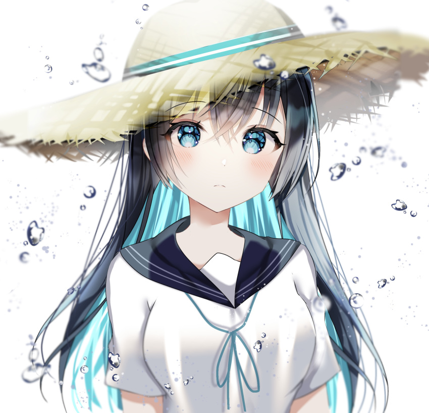 1girl absurdres aqua_neckwear aqua_ribbon beige_headwear black_hair blue_eyes blue_hair blurry blush breasts closed_mouth colored_inner_hair depth_of_field droplets expressionless eyebrows_visible_through_hair eyebrows_visible_through_hat hat highres long_hair looking_at_viewer medium_breasts multicolored_hair original ribbon sailor_collar shiori_(shiori_2_14) shirt short_sleeves simple_background solo straw_hat tilted_headwear two-tone_hair uniform upper_body water white_background white_shirt