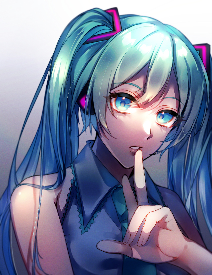 1girl bangs blue_eyes blue_hair collared_shirt eyebrows_visible_through_hair gradient gradient_background green_neckwear grey_background grey_shirt hair_between_eyes hatsune_miku headphones highres long_hair looking_at_viewer necktie parted_lips shiny shiny_hair shirt sleeveless sleeveless_shirt solo toppogi_taberu twintails upper_body vocaloid wing_collar