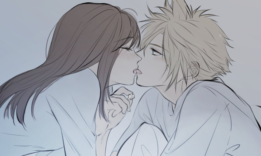 1boy 1girl bangs blonde_hair blue_eyes blush brown_hair closed_eyes cloud_strife commentary couple final_fantasy final_fantasy_vii food french_kiss from_side grey_background grey_shirt hand_up hetero holding holding_food khaw_(cloudstdontcare) kiss long_hair open_mouth popcorn profile shirt short_hair simple_background symbol_commentary tifa_lockhart tongue tongue_out upper_body