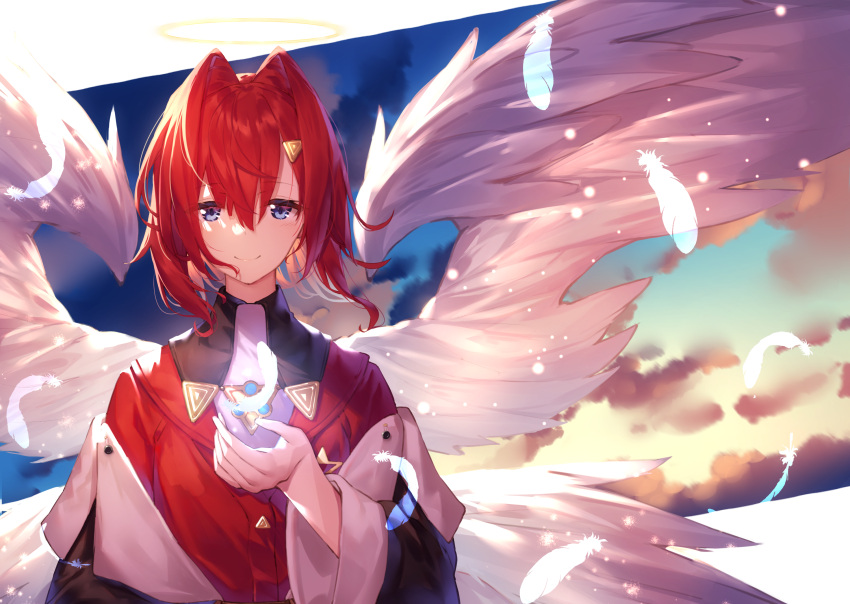 1girl ange_katrina angel angel_wings bangs black_jacket blue_eyes closed_mouth commentary english_commentary eyebrows_visible_through_hair feathered_wings feathers hair_between_eyes hair_intakes hair_ornament halo hand_up highres jacket long_sleeves looking_at_viewer multiple_wings nijisanji off_shoulder open_clothes open_jacket red_jacket redhead shirt smile solo sunset virtual_youtuber white_shirt white_wings wide_sleeves wings yuuki_nao_(pixiv10696483)