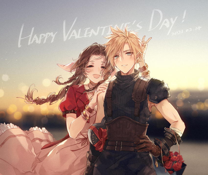 1boy 1girl aerith_gainsborough armor bag bangs blonde_hair blue_eyes bow box box_of_chocolates bracelet bracer braid braided_ponytail brown_hair cloud_strife dress final_fantasy final_fantasy_vii flower frilled_dress frills green_eyes hair_bow hand_on_another's_shoulder happy_valentine heart-shaped_box highres holding_hands jacket jewelry kieta necklace outdoors parted_bangs pink_dress puffy_short_sleeves puffy_sleeves red_jacket red_ribbon ribbon rose shopping_bag short_sleeves shoulder_armor single_pauldron sleeveless sleeveless_turtleneck spiky_hair turtleneck upper_body v