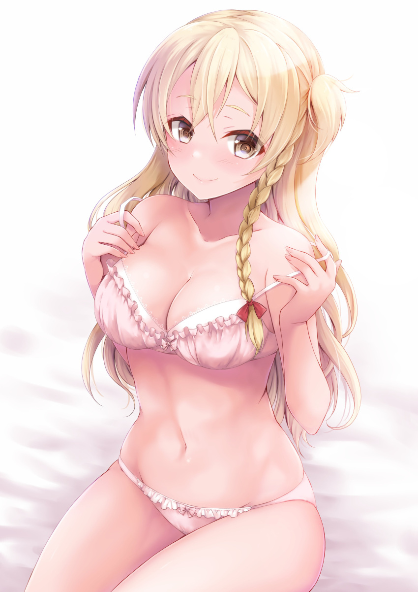 1girl absurdres blonde_hair blush bra braid brown_eyes character_request closed_mouth collarbone copyright_request eyebrows_visible_through_hair highres long_hair looking_at_viewer mashiro_yukiya navel panties pink_bra pink_panties single_braid sitting smile solo underwear undressing