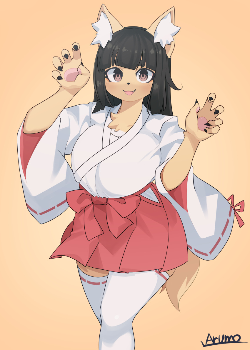 1girl absurdres animal_ears artist_name bangs black_hair breasts claw_pose eyebrows_behind_hair fang fox_ears fox_girl furry highres hime_cut japanese_clothes large_breasts looking_at_viewer miko open_hands open_mouth orange_hair original ryuusui_arumo smile solo thigh-highs wide_sleeves
