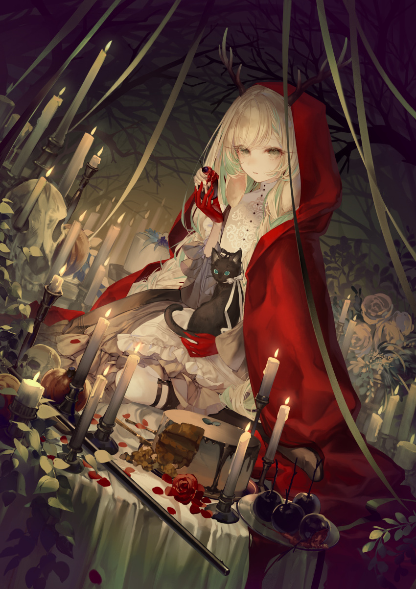 1girl absurdres animare antlers black_cat cake candle cat flower food gloves glowing grey_eyes hand_up highres leaf parted_lips red_flower red_gloves sitting skull solo tirol_tsukinoki virtual_youtuber yoggi_(stretchmen)