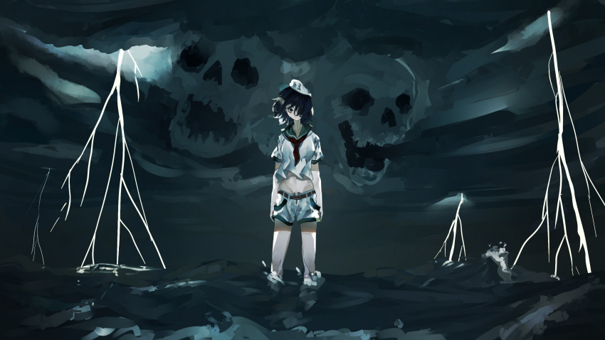 1girl belt black_hair full_body groin hat highres lightning_bolt midriff murasa_minamitsu naufaldreamer neckerchief overcast red_neckwear sailor_collar sailor_hat sailor_shirt shirt short_hair shorts skull solo standing touhou water white_headwear white_shirt white_shorts