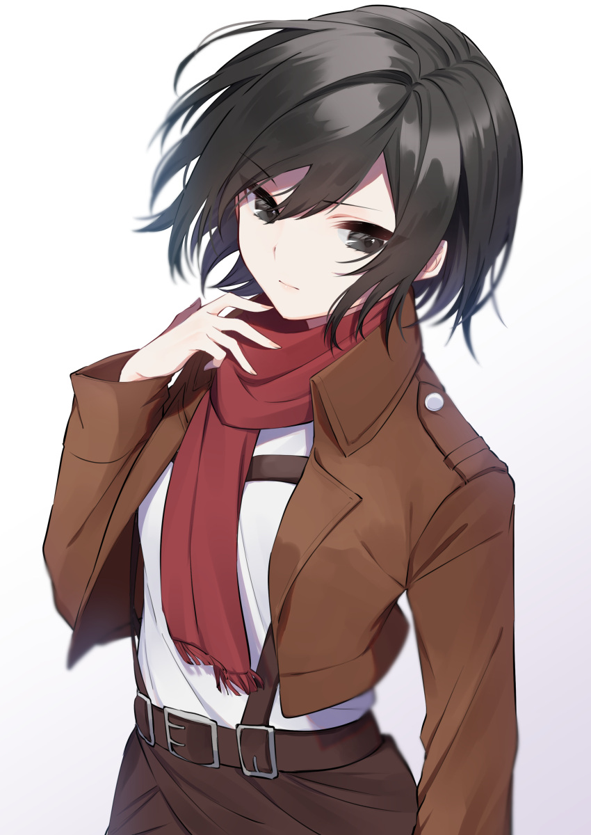 1girl absurdres bangs belt belt_buckle black_eyes black_hair brown_belt brown_jacket brown_skirt buckle closed_mouth eyebrows_visible_through_hair hair_between_eyes highres hinakano_h jacket mikasa_ackerman open_clothes open_jacket paradis_military_uniform red_scarf scarf shingeki_no_kyojin shiny shiny_hair shirt short_hair simple_background skirt solo upper_body white_background white_shirt