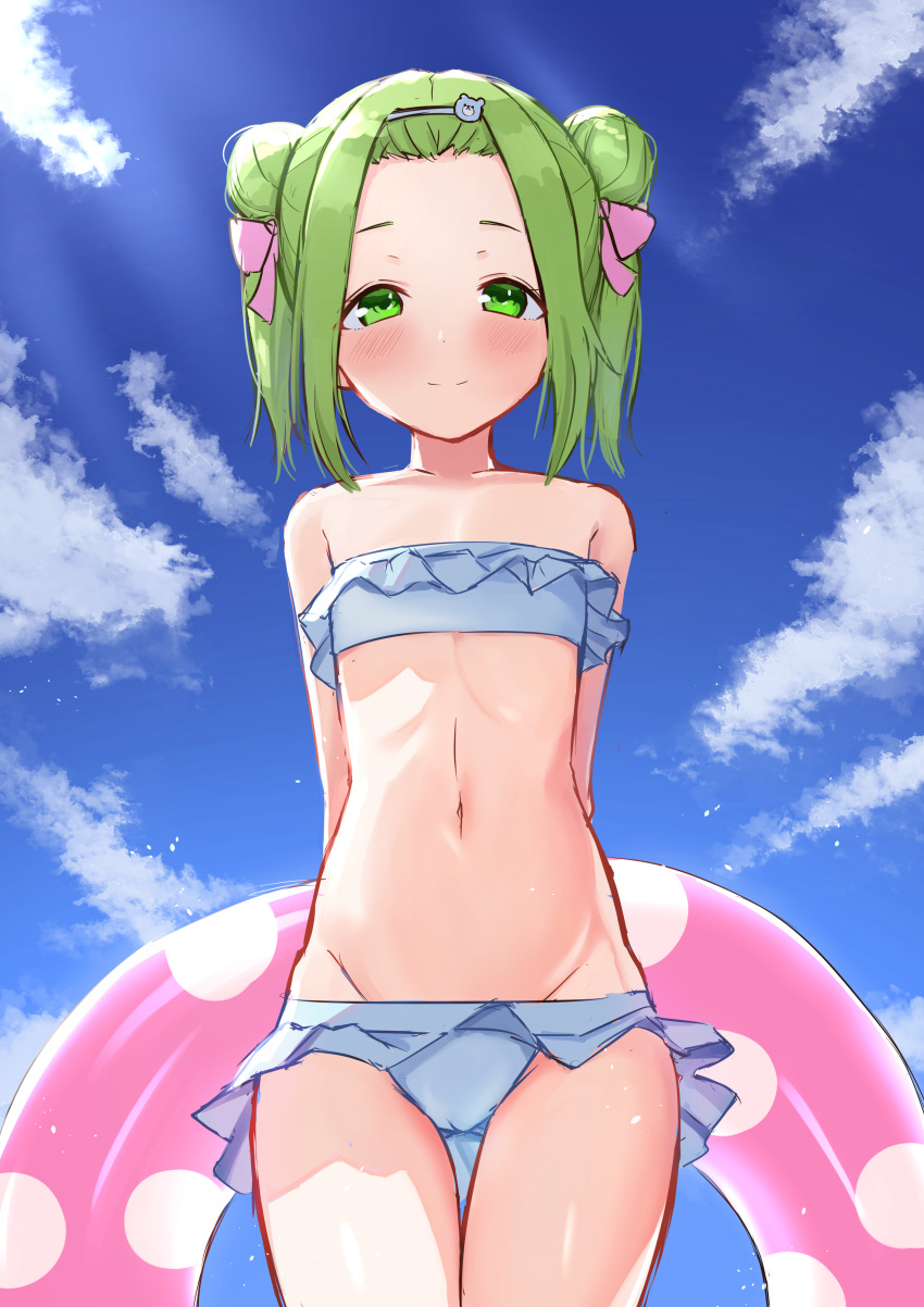 1girl absurdres arms_behind_back bare_shoulders bear_hair_ornament bikini blue_bikini blue_hairband blue_sky blush bow closed_mouth clouds collarbone day double_bun forehead frilled_bikini frills green_eyes green_hair groin hair_bow hair_ornament hairband highres innertube morinaka_kazaki nijisanji outdoors pink_bow polka_dot sidelocks sky smile solo standing strapless strapless_bikini swimsuit thigh_gap twintails virtual_youtuber yotsugi