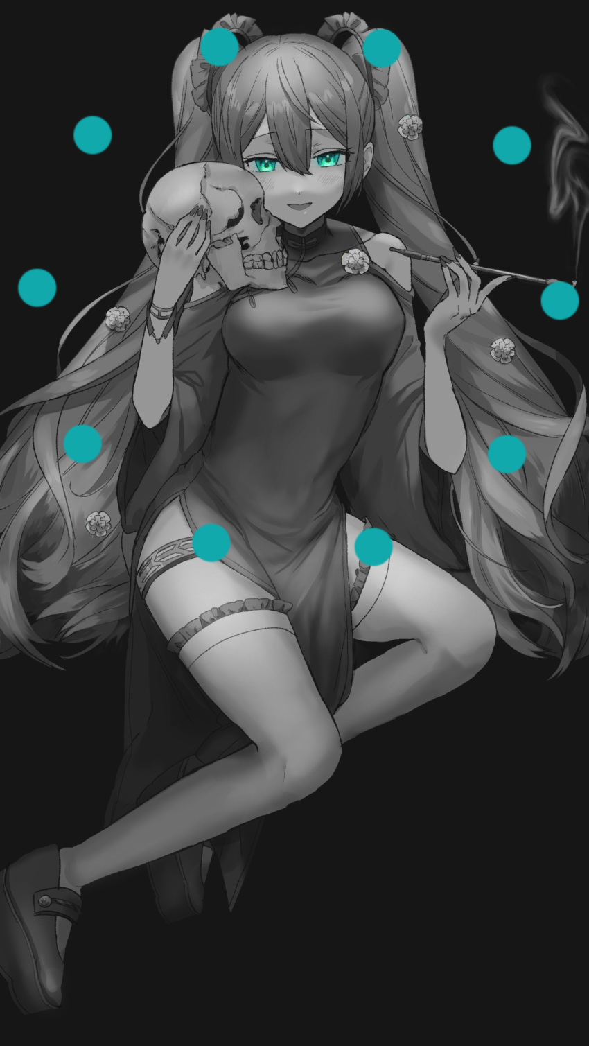 1girl absurdres bangs black_background clothing_cutout collarbone eyebrows_visible_through_hair floating_hair frilled_legwear green_eyes hair_between_eyes hashiwo hatsune_miku highres holding holding_skull limited_palette long_hair looking_at_viewer nail_polish open_mouth shiny shiny_hair shoulder_cutout side_slit skull solo thigh-highs thigh_strap very_long_hair vocaloid