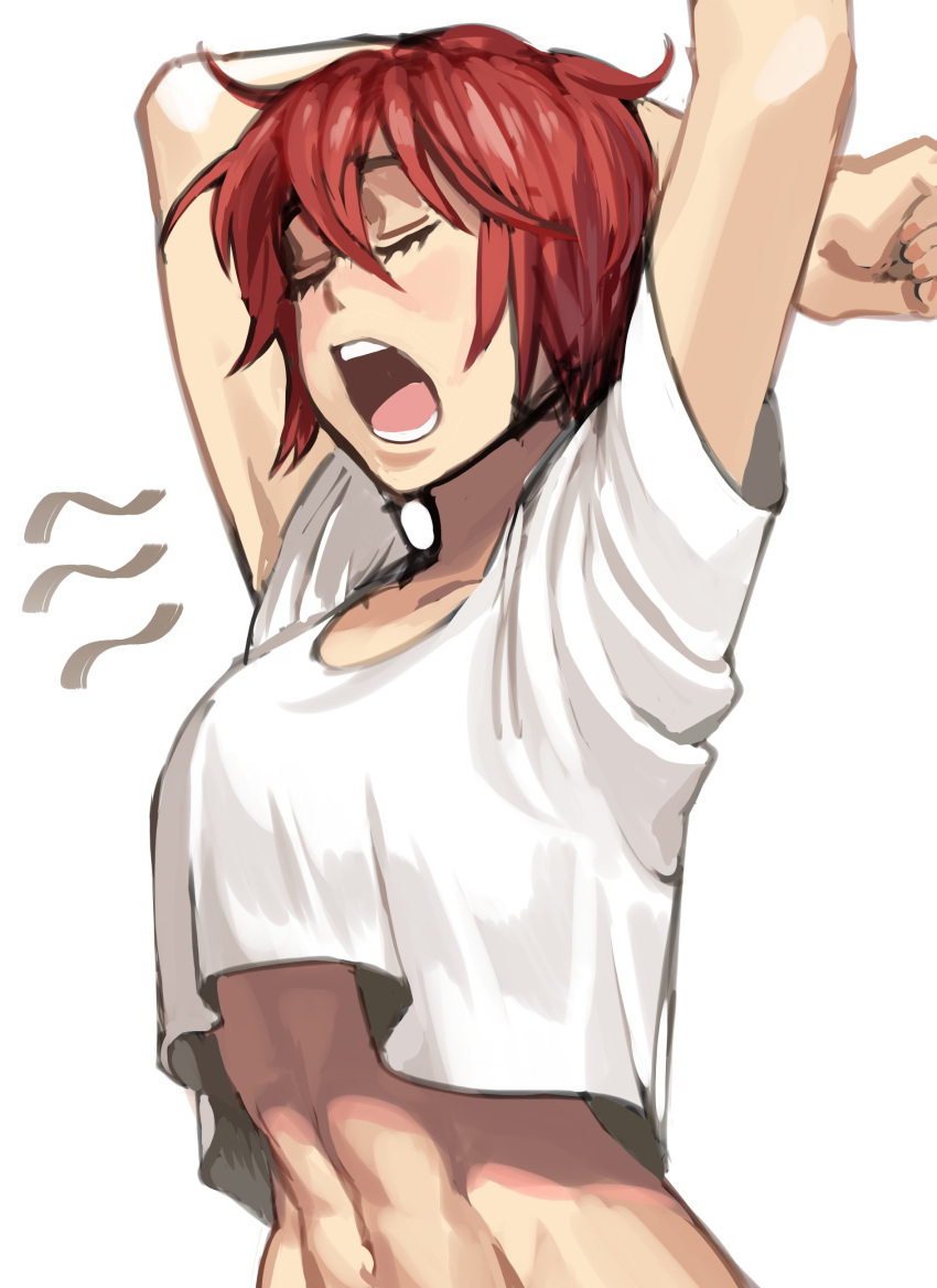 1girl abs absurdres arms_up blush closed_eyes han_soo-min_(hanny) hanny_(uirusu_chan) highres midriff navel open_mouth original redhead shirt short_hair short_sleeves sketch solo white_background white_shirt yawning