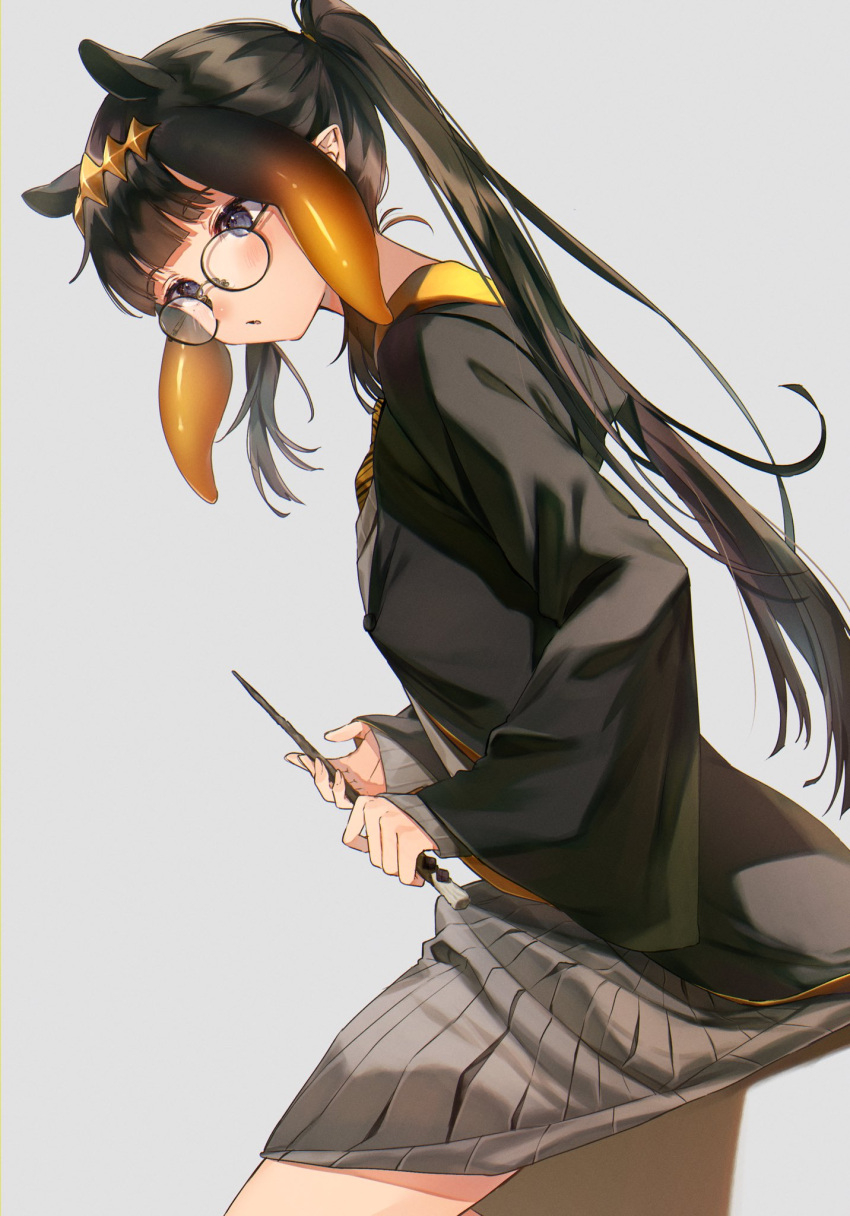 1girl :o alternate_costume bangs bespectacled black_eyes black_hair blush crossover glasses grey_background grey_skirt harry_potter harui_(hr_x9_) head_tilt highres holding holding_wand hololive hololive_english hufflepuff looking_up ninomae_ina'nis open_mouth ponytail school_uniform skirt sleeves_past_wrists solo tentacle_hair tied_hair virtual_youtuber wand