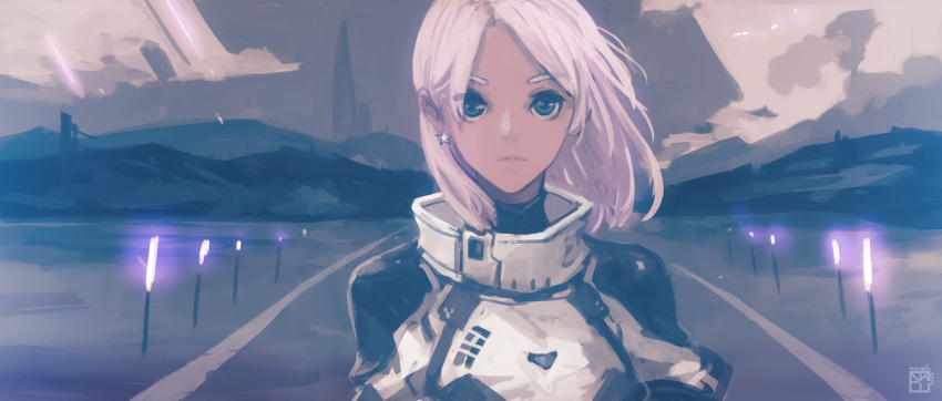 1girl absurdres aqua_eyes clouds dark_skin dark-skinned_female earrings highres jewelry looking_at_viewer okuto original pink_hair scenery science_fiction solo straight-on