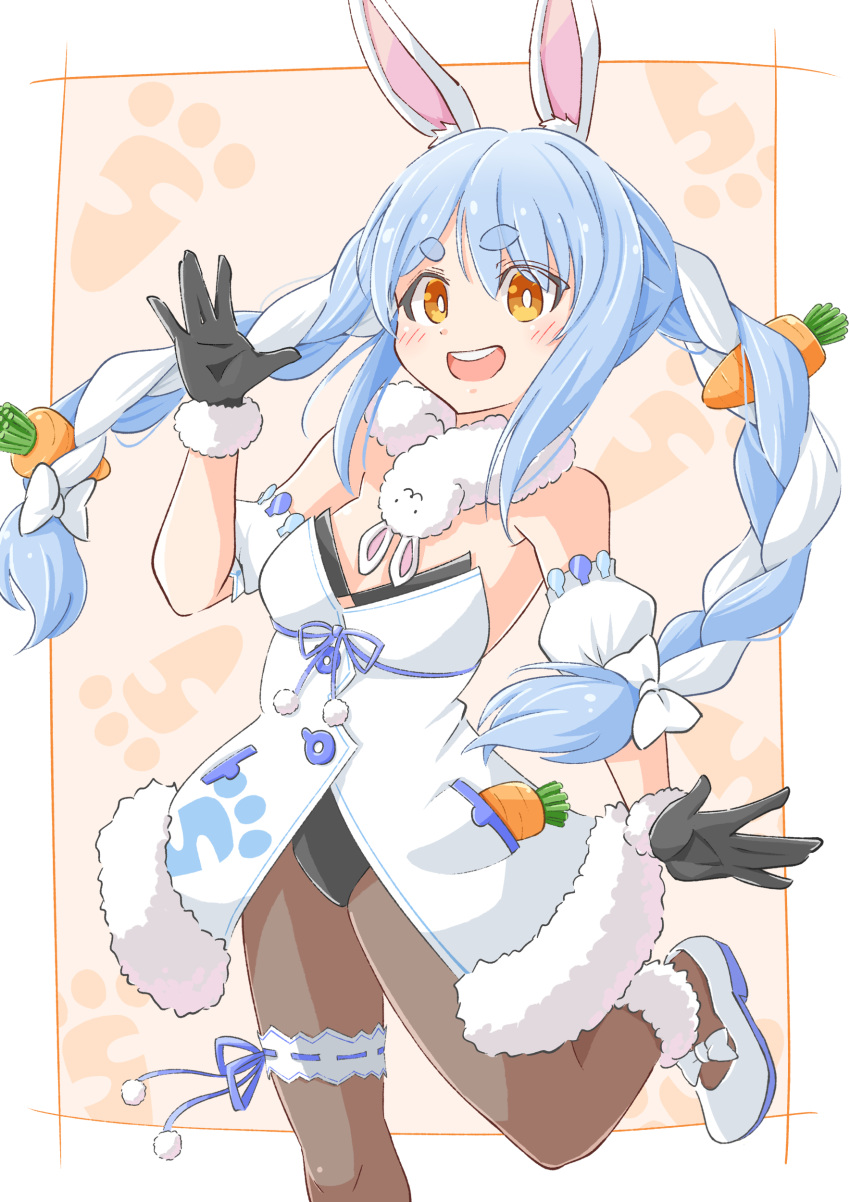 1girl :d absurdres animal_ear_fluff animal_ears arm_up bangs black_gloves black_legwear black_leotard blue_hair blush braid breasts carrot_hair_ornament coat cutout_above_navel detached_sleeves don-chan_(usada_pekora) food_themed_hair_ornament fur-trimmed_coat fur-trimmed_gloves fur_scarf fur_trim gloves hair_ornament highres hikimayu hololive leotard leotard_under_clothes long_hair looking_at_viewer mary_janes multicolored_hair open_mouth orange_eyes pantyhose playboy_bunny puffy_short_sleeves puffy_sleeves rabbit_ears rabbit_girl scarf shoes short_eyebrows short_sleeves small_breasts smile solo strapless strapless_coat strapless_leotard swept_bangs thigh_strap toushirou_(sugarwhite1046) twin_braids twintails two-tone_hair upper_teeth usada_pekora virtual_youtuber waving white_coat white_footwear white_hair white_scarf white_sleeves