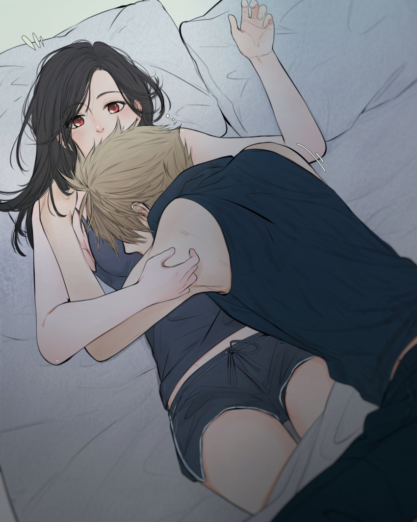 1boy 1girl bangs bare_shoulders bed_sheet black_hair black_pants black_shirt blonde_hair blush breasts cloud_strife commentary couple english_commentary final_fantasy final_fantasy_vii from_above grey_shirt grey_shorts hair_over_eyes hetero highres khaw_(cloudstdontcare) long_hair lying lying_on_person on_back pants pillow red_eyes shirt short_hair short_shorts shorts sleeveless sleeveless_shirt tifa_lockhart upper_body