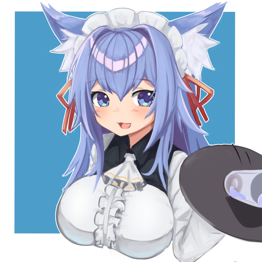 1girl :d absurdres animal_ear_fluff animal_ears ascot blue_background blue_eyes blue_hair border breasts commentary english_commentary fox_ears glass hair_ribbon highres holding holding_tray klaius large_breasts long_hair looking_at_viewer maid maid_headdress mofuko_(yokura_(yukilina)) open_mouth original red_ribbon ribbon smile solo spilling tray upper_body white_border white_neckwear