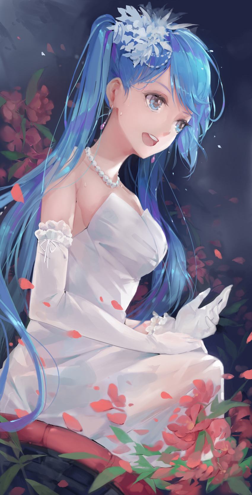 1girl :d absurdres bangs blue_eyes blue_hair breasts collarbone dress dutch_angle elbow_gloves floating_hair flower from_side gloves hair_ornament hand_on_own_knee hatsune_miku highres jewelry long_dress long_hair medium_breasts necklace open_mouth r/h red_flower shiny shiny_hair sitting sleeveless sleeveless_dress smile solo strapless strapless_dress swept_bangs twintails very_long_hair vocaloid white_dress white_gloves