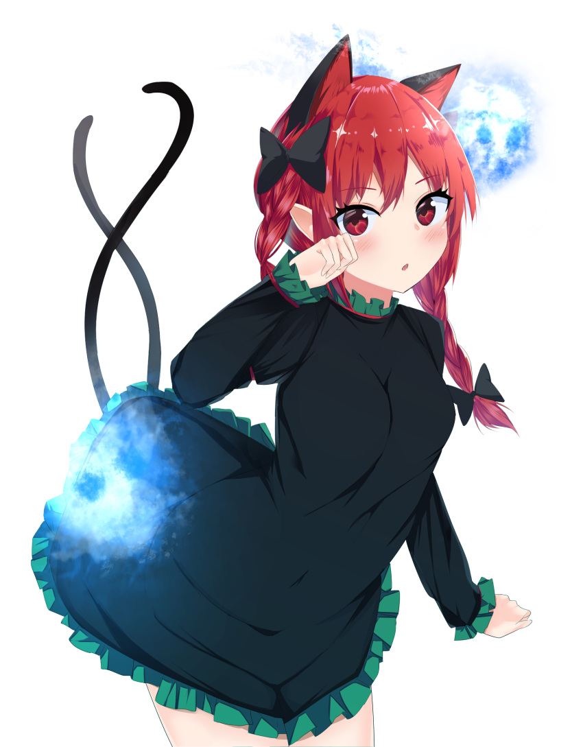 1girl :o akiira animal_ear_fluff animal_ears bangs black_bow blush bow braid breasts cat_ears cat_tail cowboy_shot dress extra_ears eyebrows_visible_through_hair frills green_dress hair_bow hair_ribbon hand_on_own_cheek hand_on_own_face highres hitodama juliet_sleeves kaenbyou_rin leaning_forward long_hair long_sleeves looking_at_viewer medium_breasts multiple_tails nekomata parted_lips paw_pose pointy_ears puffy_sleeves red_eyes redhead ribbon simple_background solo standing tail touhou tress_ribbon twin_braids twintails two_tails white_background