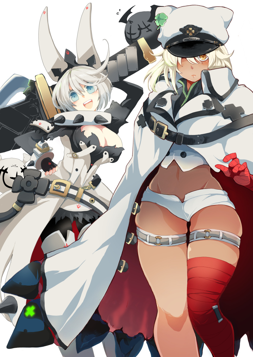 2girls absurdres blue_eyes clover dark_skin elphelt_valentine four-leaf_clover guilty_gear guilty_gear_strive guilty_gear_xrd hat highres multiple_girls pale_skin ramlethal_valentine sayakata_katsumi short_hair siblings sisters white_hair white_headwear yellow_eyes