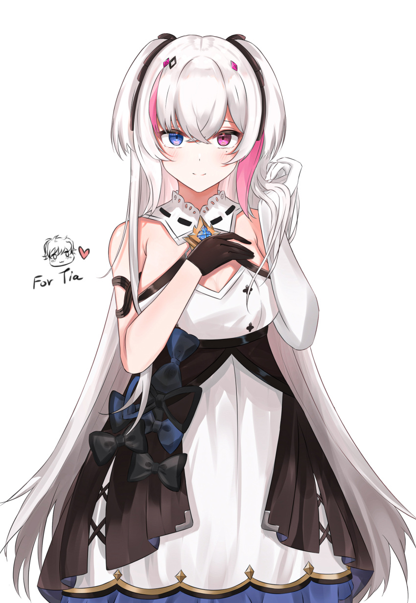 1girl artist_self-insert bangs black_bow black_gloves blue_bow blue_eyes blush bow breasts chibi detached_collar dress elbow_gloves eyebrows_behind_hair gloves heart hecatia_(vtuber) heterochromia highres humany indie_virtual_youtuber long_hair looking_at_viewer medium_breasts mismatched_gloves mole mole_under_eye multicolored_hair pink_eyes pink_hair single_elbow_glove smile solo streaked_hair two_side_up very_long_hair virtual_youtuber white_background white_dress white_gloves white_hair