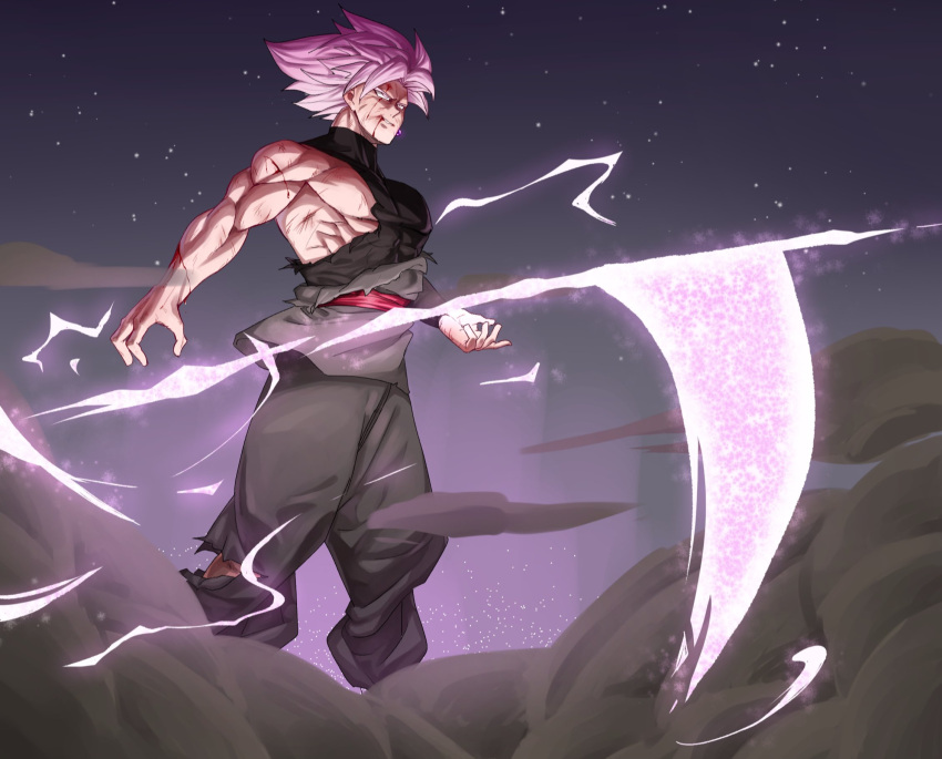 1boy blood blood_from_mouth dougi dragon_ball dragon_ball_super earrings energy_weapon evil_smile feet_out_of_frame floating floating_object floating_weapon goku_black grin highres injury jewelry long_sleeves male_focus mo_(db_momo_gb) muscular muscular_male no_nipples pants pectorals pink_hair scythe shirt single_bare_shoulder smile smoke solo spiky_hair super_saiyan super_saiyan_rose torn_clothes torn_pants torn_shirt wind