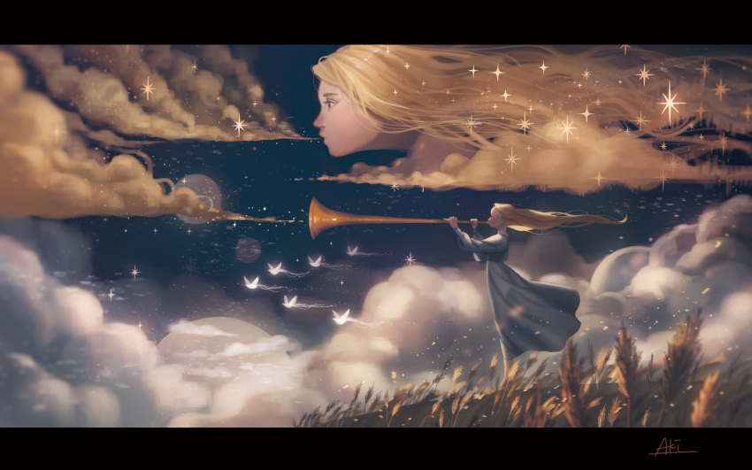 2girls absurdres aki_a0623 bird blonde_hair blue_dress blue_eyes clouds cloudy_sky disembodied_head dove dress field floating_head highres huge_filesize instrument long_hair moon multiple_girls music original playing_instrument profile sky star_(sky) surreal trumpet wavy_hair