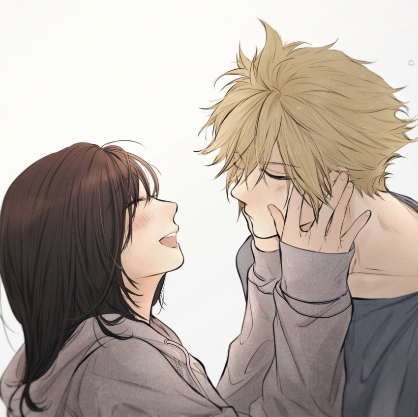 1boy 1girl bangs blonde_hair blush brown_hair closed_eyes closed_mouth cloud_strife collarbone commentary couple english_commentary eyebrows_visible_through_hair eyes_visible_through_hair face-to-face final_fantasy final_fantasy_vii from_side grey_hoodie grey_shirt hair_between_eyes hands_on_another's_cheeks hands_on_another's_face hetero highres hood hood_down hoodie khaw_(cloudstdontcare) lips long_hair long_sleeves open_mouth shirt simple_background sleeves_past_wrists smile spiky_hair tifa_lockhart upper_body white_background