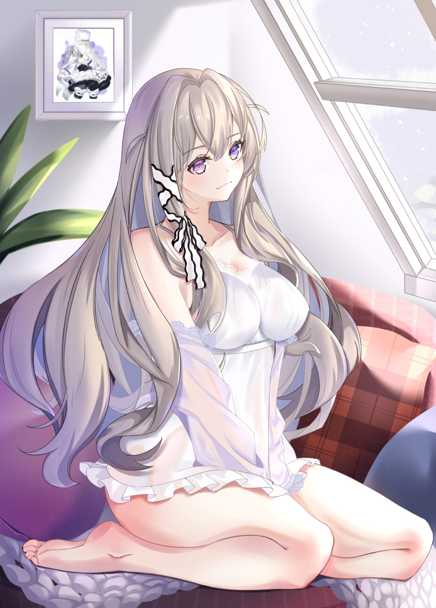 1girl absurdres azur_lane bare_legs bare_shoulders barefoot blue_eyes blush breasts closed_mouth collarbone couch eyebrows_visible_through_hair hair_ribbon hands_on_own_knees heterochromia highres legs long_hair looking_at_viewer medium_breasts murmansk_(azur_lane) murmansk_(sceneries_of_pure_snow)_(azur_lane) nightgown picture_(object) pillow platinum_blonde_hair ribbon seiza simple_background sitting soles solo thighs violet_eyes white_nightgown white_ribbon window yoshitoki_(kisshin)