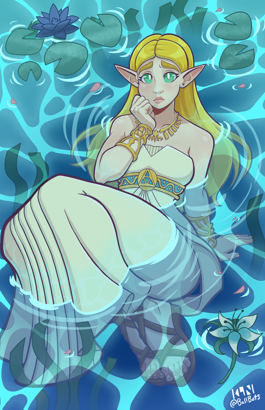 1girl absurdres aqua_eyes arm_support artist_name bangs bare_shoulders blonde_hair breasts bright_pupils collaboration dress flower_request frown furrowed_eyebrows highres jewelry kln_(ballbots) lily_pad long_dress long_hair looking_at_viewer necklace partially_submerged pointy_ears princess_zelda ripples sandals signature solo strapless strapless_dress the_legend_of_zelda the_legend_of_zelda:_breath_of_the_wild thick_eyebrows thighs twitter_username water white_dress white_pupils woudim