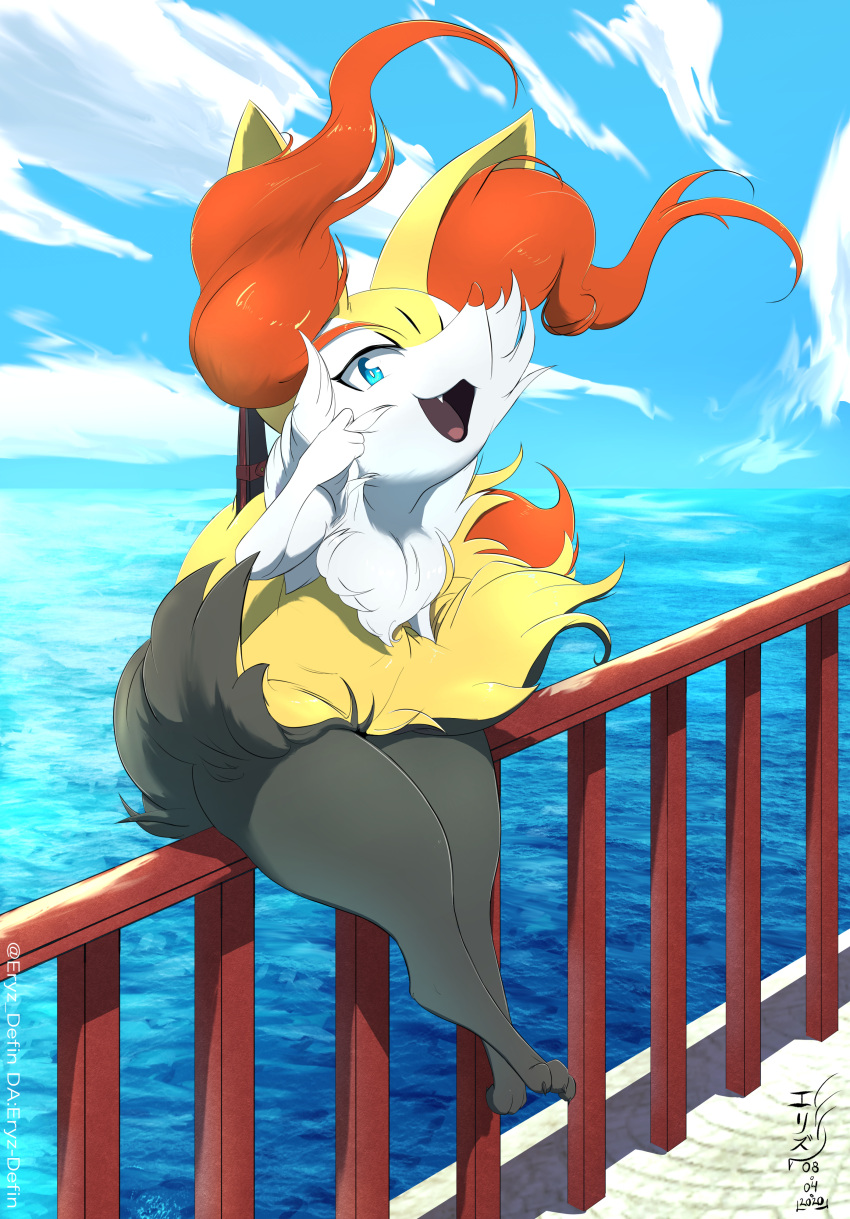 1girl :3 absurdres alternate_eye_color animal_ear_fluff animal_ears animal_nose artist_name black_fur blue_background blue_eyes blue_sky body_fur braixen clouds commentary dated day deviantart_username english_commentary eryz fan fang flat_chest folding_fan fox_ears fox_girl fox_tail full_body furry gen_6_pokemon hand_up happy highres horizon legs_together looking_at_viewer ocean on_railing open_mouth outdoors paws pokemon pokemon_(creature) railing signature sitting sky smile snout solo tail thick_thighs thighs twitter_username water watermark white_fur wind yellow_fur