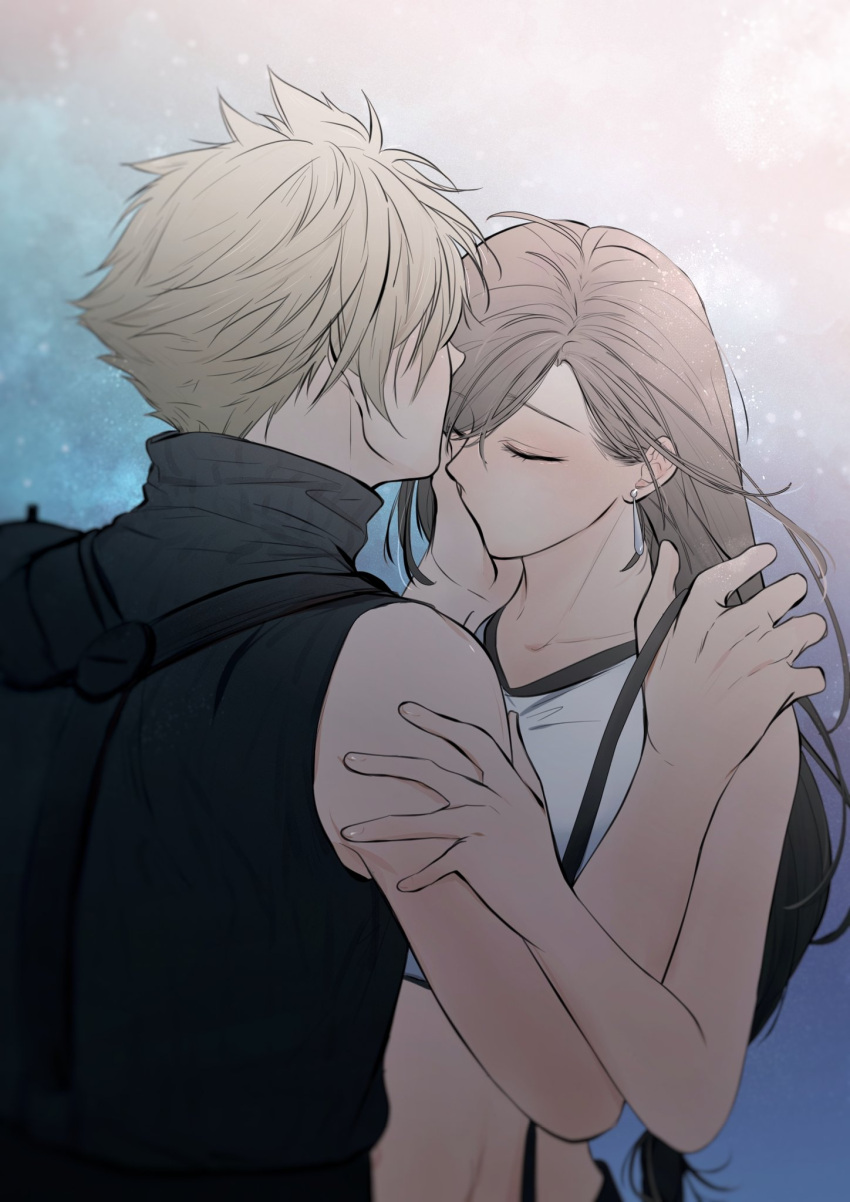 1boy 1girl bangs bare_shoulders black_shirt blonde_hair brown_hair closed_eyes closed_mouth cloud_strife collarbone couple earrings english_commentary final_fantasy final_fantasy_vii hand_kiss hands_on_another's_shoulder hetero highres jewelry khaw_(cloudstdontcare) kiss long_hair shirt short_hair sleeveless sleeveless_shirt stomach tank_top tifa_lockhart upper_body white_tank_top
