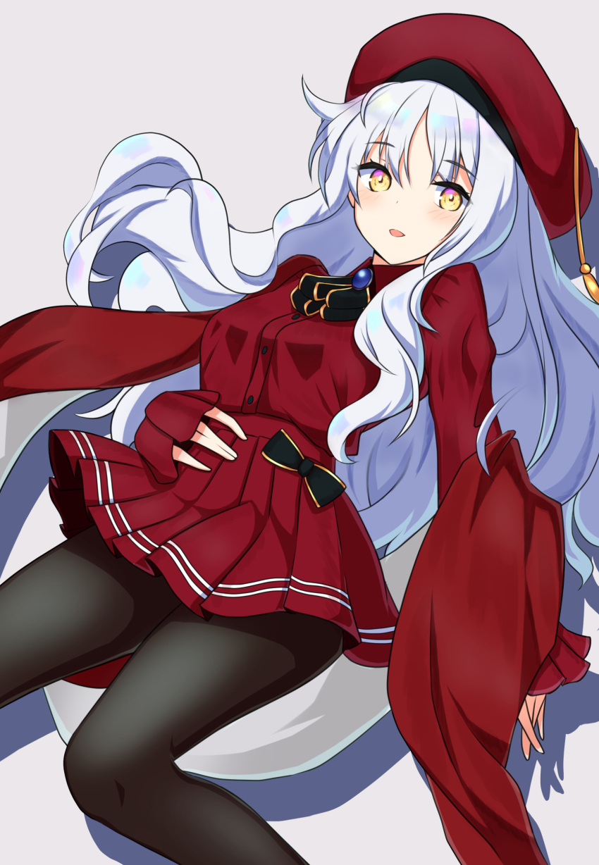 1girl absurdres beret black_legwear brooch caren_hortensia caren_hortensia_(amor_caren) dress fate/grand_order fate_(series) hat highres jewelry long_hair long_sleeves neck_ribbon open_mouth pipin_try red_dress ribbon simple_background smile solo wavy_hair white_background white_hair yellow_eyes