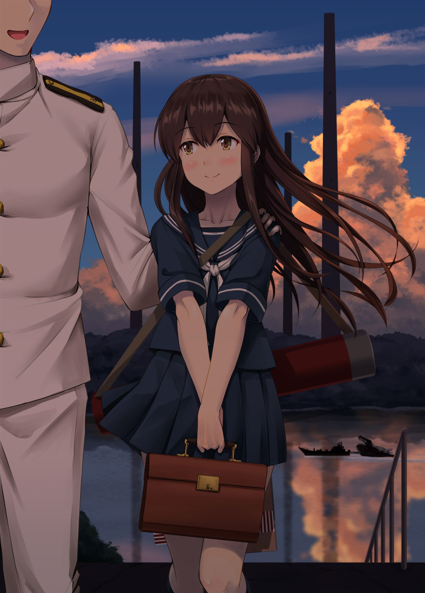 1boy 1girl absurdres admiral_(kancolle) akagi_(kancolle) bag bangs blush boat brown_eyes brown_hair closed_mouth clouds collarbone epaulettes eyebrows_visible_through_hair hand_on_another's_shoulder handbag highres i-class_destroyer ichikawa_feesu kantai_collection kneehighs long_hair long_sleeves looking_at_another military military_uniform naval_uniform neckerchief outdoors pleated_skirt reflection sailor_collar school_bag school_uniform serafuku shirt short_sleeves skirt sky smile standing sunset uniform water watercraft white_neckwear younger