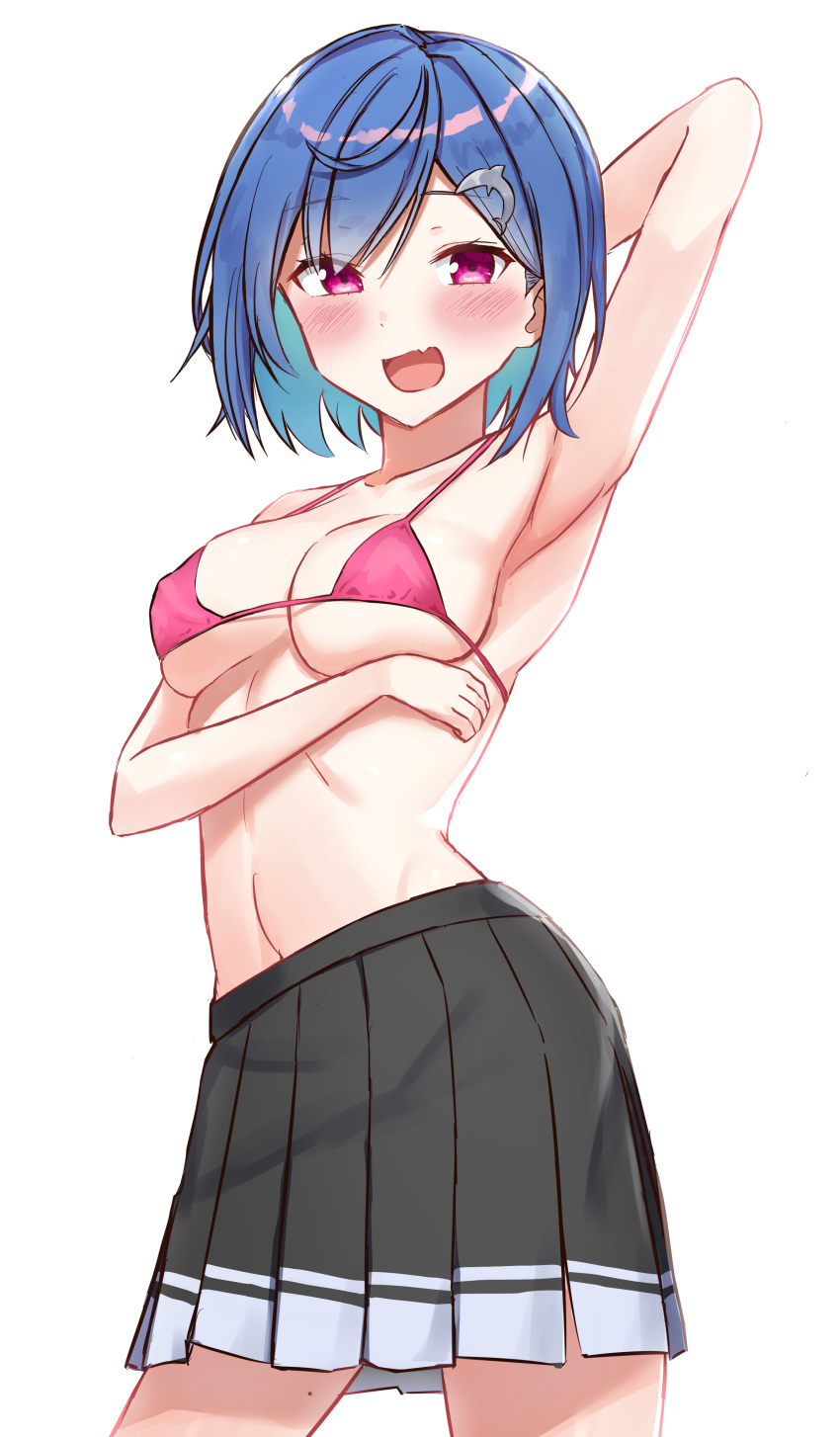 1girl :d absurdres arm_behind_head arm_up armpits bangs bare_arms bare_shoulders bikini bikini_top black_skirt blue_hair blush breasts collarbone dolphin_hair_ornament eyebrows_visible_through_hair fang highres large_breasts navel nijisanji nishizono_chigusa open_mouth pink_bikini pleated_skirt red_eyes short_hair simple_background skirt smile solo standing swimsuit virtual_youtuber white_background yotsugi