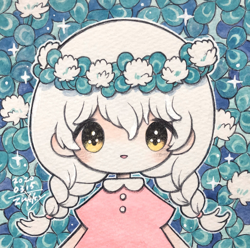 1girl bangs blush dated dress flower highres leaf long_hair no_nose open_mouth original outline pink_dress short_sleeves signature smile solo traditional_media twintails upper_body white_flower white_hair white_outline yellow_eyes zukky000