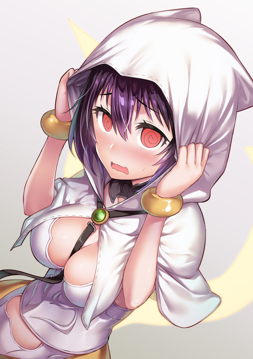 1girl @_@ armor armored_dress bangs black_hair blush bracelet breastplate breasts brooch capelet fate/grand_order fate_(series) highres hood hood_up hooded_capelet jewelry large_breasts looking_at_viewer ono_misao open_mouth ortlinde_(fate) pelvic_curtain red_eyes short_hair valkyrie_(fate) white_capelet