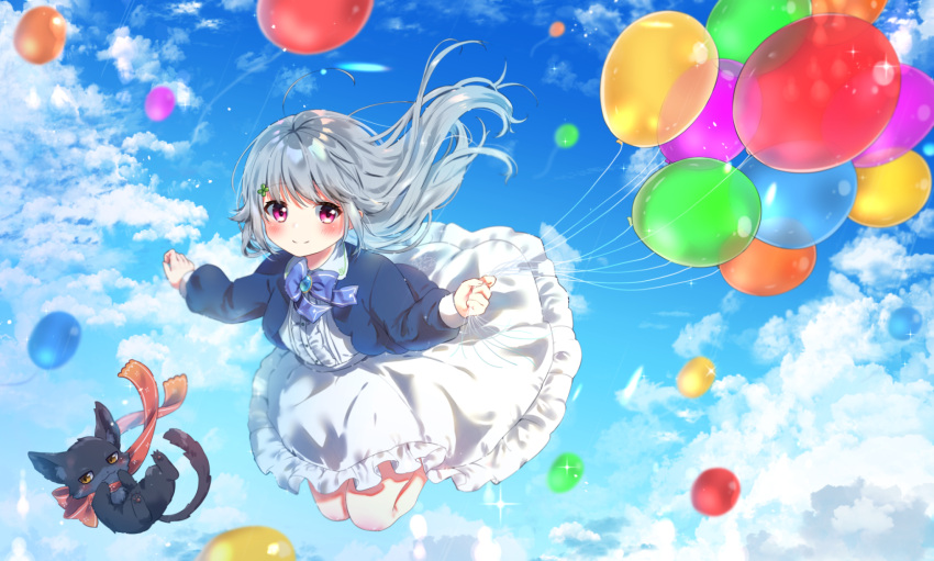 1girl balloon black_cat blue_bow blue_sky bow cat clouds clover_hair_ornament day dress full_body grey_hair hair_ornament highres long_hair long_sleeves michiru_donut midair original outdoors pink_eyes sky solo white_dress