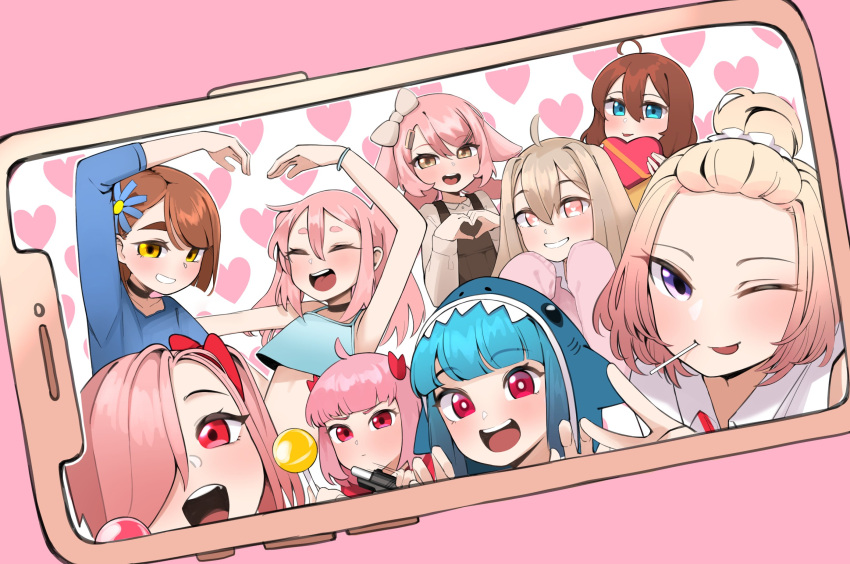 6+girls :d ahoge animal_hood arm_up bangs blonde_hair blue_eyes blue_flower blue_hair blunt_bangs blush bow box bracelet brown_eyes brown_hair candy character_request copyright_request english_commentary eyebrows_visible_through_hair flower food grin hair_between_eyes hair_bow hair_flower hair_ornament hair_over_one_eye heart heart-shaped_box heart_background heart_hands highres holding holding_box hood jewelry lollipop long_hair looking_at_viewer multiple_girls one_eye_closed open_mouth phone photo_(object) pink_background pink_hair red_eyes shark_hood short_hair smile tongue tongue_out upper_teeth v white_bow yeun