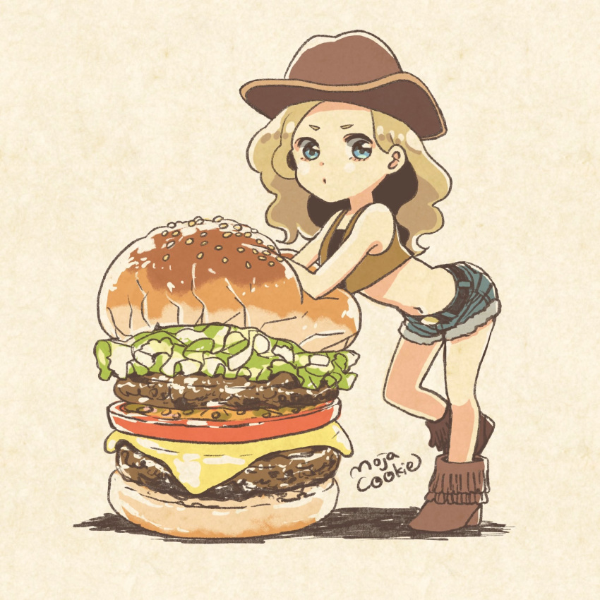 1girl aqua_eyes belt blonde_hair blue_shorts boots brown_footwear cheese food hamburger highres leaning_forward lettuce long_hair looking_at_viewer midriff mojacookie navel original oversized_food shadow shorts signature simple_background solo standing tan_background wide_shot